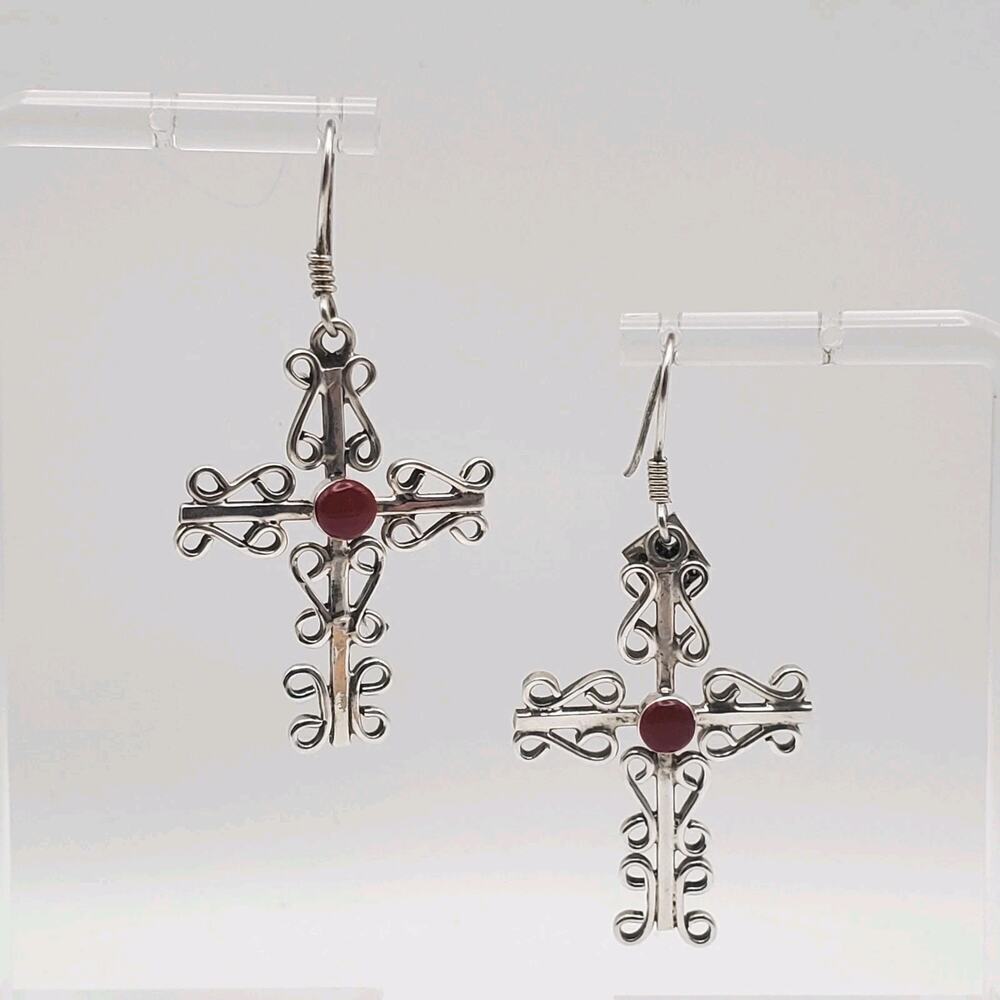 Vintage Taxco Mexico Sterling 925 Signed TI-79 Cross Earrings Inlay Red Stone